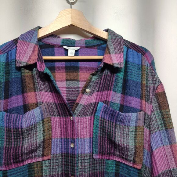 Cato Button Down Shirt Women Size L Purple Blue Plaid Relaxed Oversized Casual - Picture 2 of 9